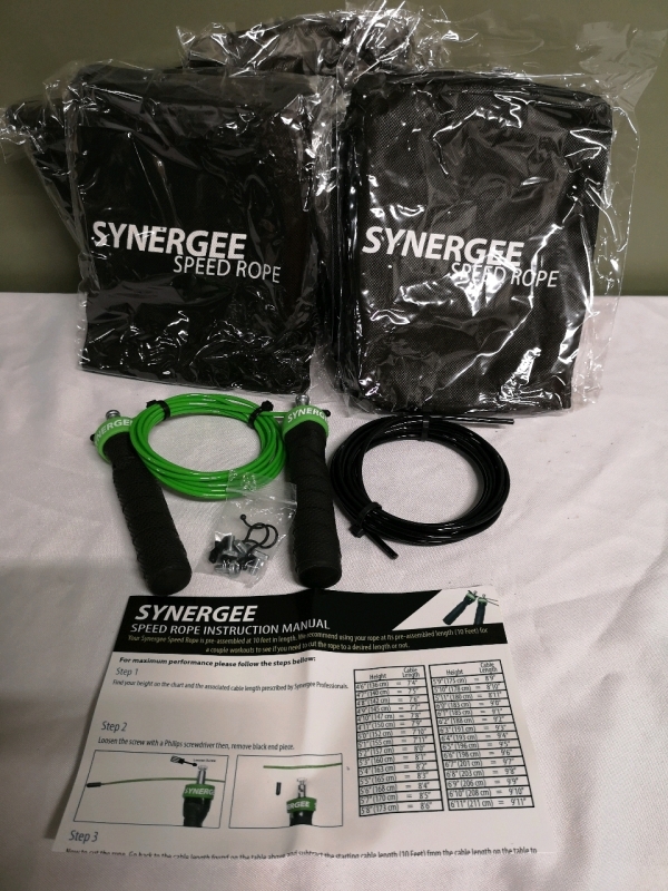 5 New Synergee Speed Jump Ropes. Anti-Slip Handles with Steel Ball Bearings, 2 Adjustable 10 Ft Cables and Carrying Bag. Great for CrossFit, MMA, Boxing & Fitness