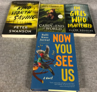 4 As-New Softcover / Hardcover Novels: Now You See Us, The Girls Who Disappeared, The Cabin at the End of the World, The Kind Worth Saving