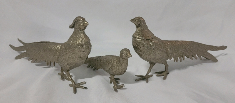 Vintage Rare Silver Metal Pheasant Set , Rooster , Hen & Chick , Set of 3