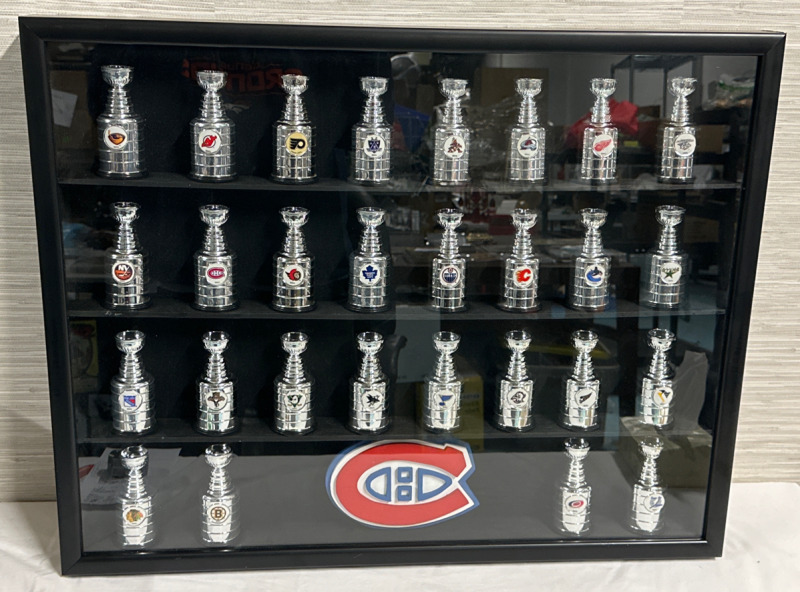 Custom 28 Mini Stanley Cup Display With Montreal Canadians Team Logo 24” x 29 1/2” x 3” Black Framed Custom Diplay Piece