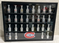 Custom 28 Mini Stanley Cup Display With Montreal Canadians Team Logo 24” x 29 1/2” x 3” Black Framed Custom Diplay Piece