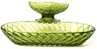 Gorgeous Vintage Avocado Green Glass : Pedestal Daisy Diamond Dish (6.5" x 4.4" x 3") & Oblong Basket Weave Dish (10.25" x 5" x 1.75")