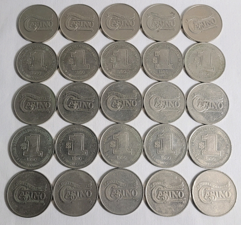 Vintage 1980 Conklin & Garrett Casino One Dollar Coins - 25 Coins . Coins measures 40mm diameter