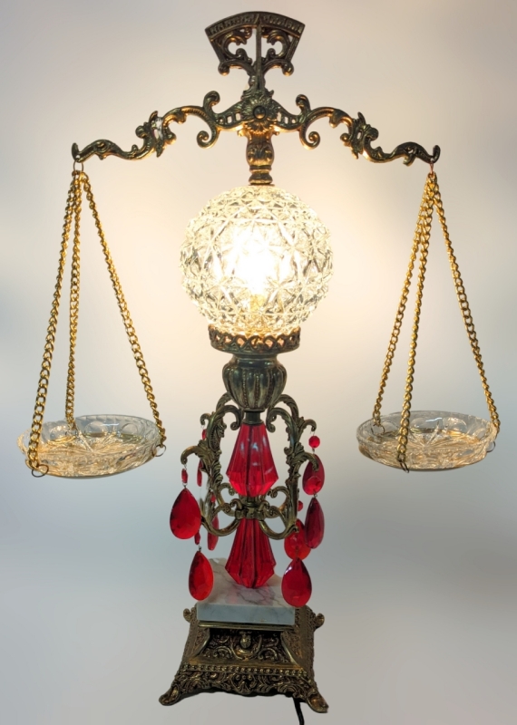 Incredibly Ornate Vintage Scale of Justice Desk Lamp | 26.5" Tall