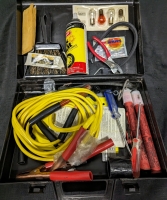 Roadside Toolkit - Jumper Cables, Flares, Fix a Flat and more! Case measures