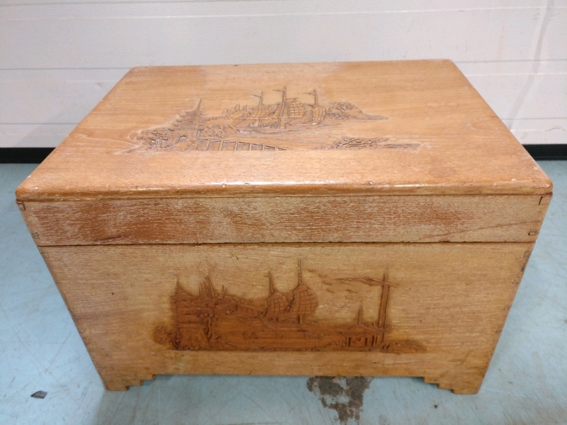 Wood Chest Filled with Sewing Equipment - 19"x13.5"x12"