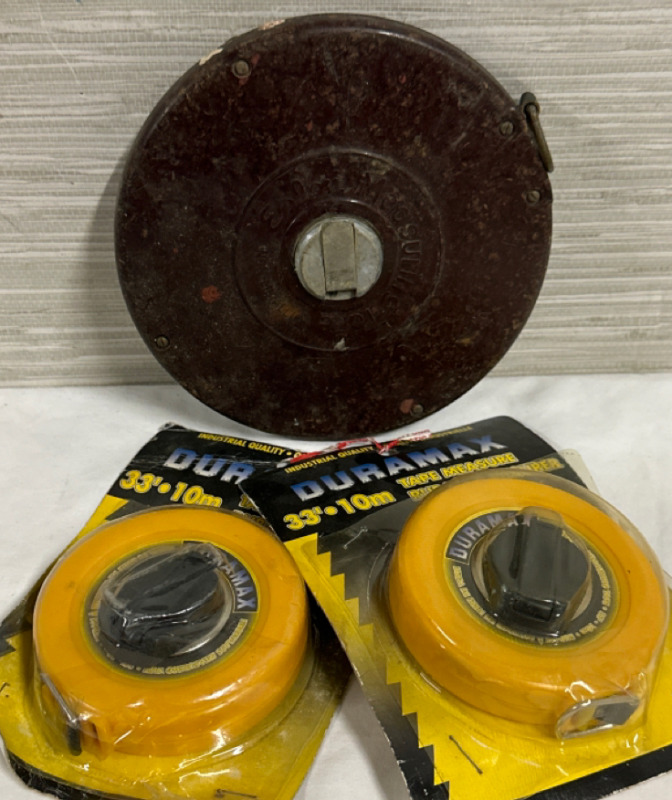 3 Measuring Tapes Including 2 Duramax 33’ and a Vintage Eslon 100’ Reel in Tape Measures