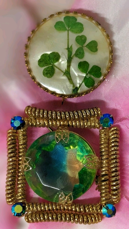 Gorgeous Vintage Uranium Glass Square Coils Brooch (1.6" x 1.6") & Preserved 3-Leaf Clovers Brooch (1.15" Diam)