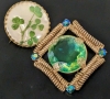 Gorgeous Vintage Uranium Glass Square Coils Brooch (1.6" x 1.6") & Preserved 3-Leaf Clovers Brooch (1.15" Diam) - 3