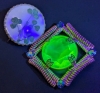Gorgeous Vintage Uranium Glass Square Coils Brooch (1.6" x 1.6") & Preserved 3-Leaf Clovers Brooch (1.15" Diam) - 4