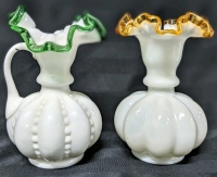 2 Vintage Unsigned Fenton Milk Glass Pieces | Amber Ruffle Melon Vase & Emerald Crest Beaded Mellon Pitcher | 6.5" ea