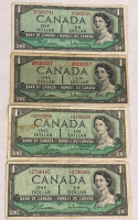 4 1954 Bank of Canada One Dollar Bank Notes Circulated