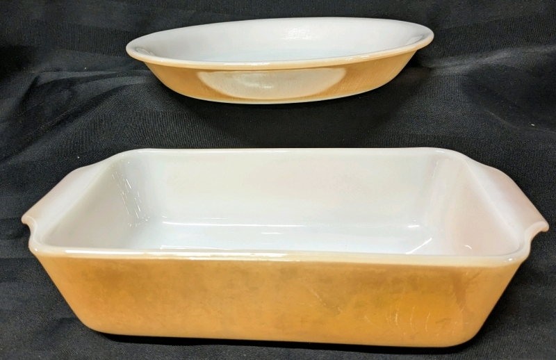 Vintage FIRE KING Anchor Hocking Milk Glass & Peach Luster 9" Pie Plate w MIRRORED STAMP & 1qt Loaf Pan (10.75" x 5.5" x 2.5")