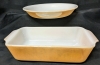 Vintage FIRE KING Anchor Hocking Milk Glass & Peach Luster 9" Pie Plate w MIRRORED STAMP & 1qt Loaf Pan (10.75" x 5.5" x 2.5")