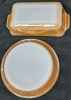 Vintage FIRE KING Anchor Hocking Milk Glass & Peach Luster 9" Pie Plate w MIRRORED STAMP & 1qt Loaf Pan (10.75" x 5.5" x 2.5") - 5