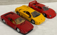 3 Diecast 1987 Red Ferrari F40 Revel 1988 Red Ferrari Testarossa & Majorette Yellow Lamborghini Diablo