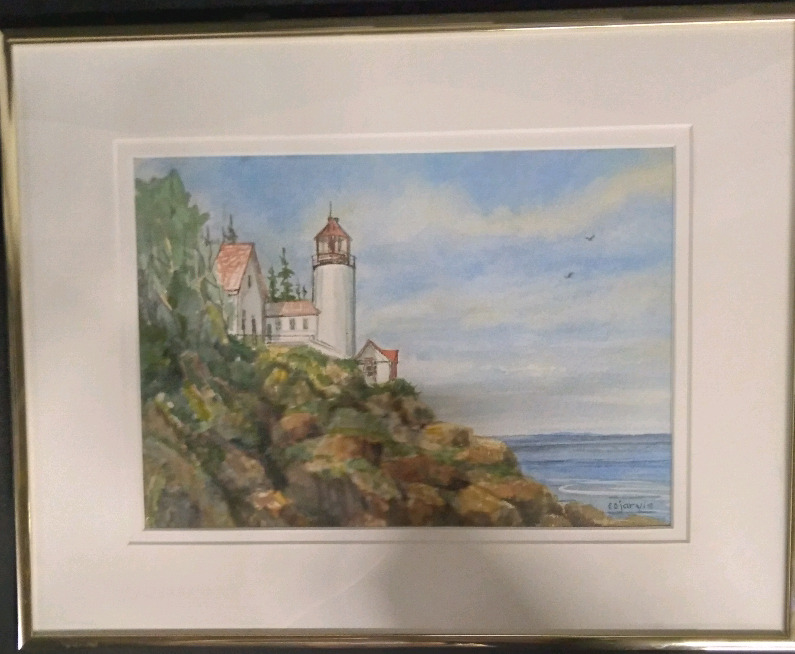 East Coast Lighthouse Watercolor Painting Framed Signed By Artist 14"x11"