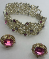 Vintage CORO PEGASUS Wide Pink Rhinestone Bracelet Earrings Signed