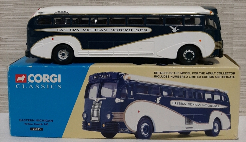 Corgi Classics 1:50 Diecast Eastern Michigan Yellow Coach 743 Bus #53903 in Box