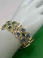 CORO Vintage Emerald Green Blue Sapphire Rhinestone Celtic Knot Style Bracelet