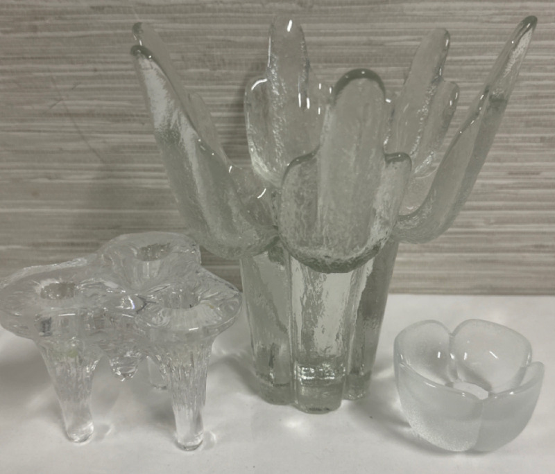 3 Piece Glass Lot Including a Cool Cactus Shaped Vase and 2 Glass Candle Holders