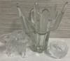 3 Piece Glass Lot Including a Cool Cactus Shaped Vase and 2 Glass Candle Holders