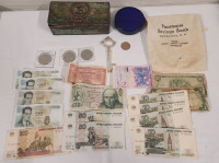 Vintage Junk Drawer Lot & Paper Currency . Players Tin , USS Arizona Paperweight , Tokens & World Currency