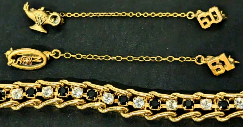 Gold Filled & Hold Tone Vintage Finds: 2 Gold Filled Tie Pins incl BIRKS (2.25" Long ea) & Gold Tone Bracelet with clear and black stones (7" Long)