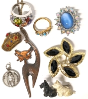 Assorted Vintage to Modern Brooches, Rings (Size 5, 8) & Copper Cat Necklace