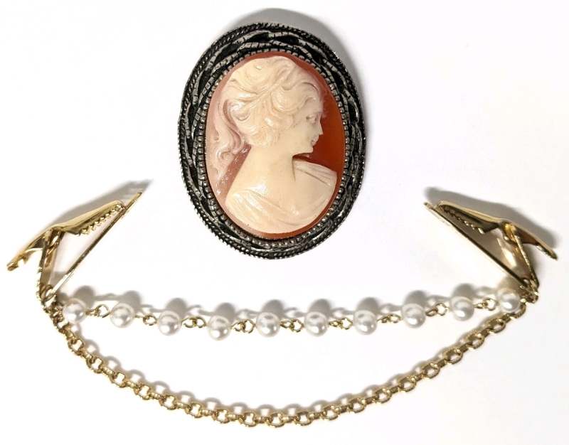 Lovely Vintage Resin Cameo Brooch (1.45" x 2.2") & Dual-Strand Faux Pearl & Gold Tone Sweater Clips (7")