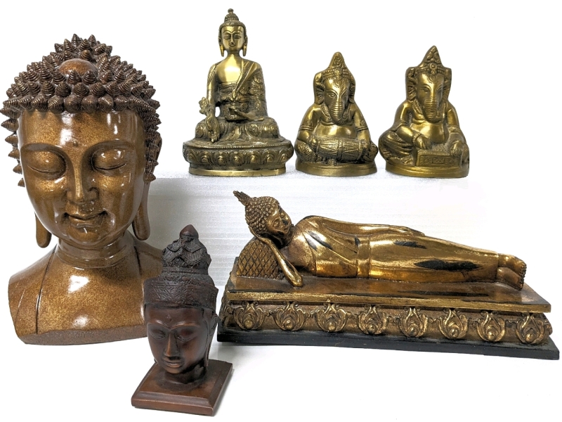 Vintage to Modern Southeast Asian Thai Indian Buddha & Ganesh Statues | Brass, Resin | 5" - 11.25" Tall