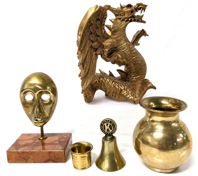 Vintage Brass Pot, Miniature Bucket, Signed Mask on Base, Kiwanis International Bell & Gilt Carved Wooden Dragon | 1" - 6.5" Tall