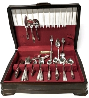 Vintage Wooden Community Silverware Case with Assorted Rogers Bros & Silverplate Cutlery & Souvenir Spoons | 15 25" x 11.5" x 3.5"