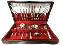 Vintage Wooden Silverware Case with Assorted Silverplate Cutlery: Rogers Bros, Community Plate + | 19" x 11.5" x 3 25"