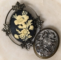 Vintage Botanical Brooches : Ivory Tone on Black Floral Cameo (2.25" x 2.6") & Silver Tone on Semi-Translucent Natural Material (1.15" x 1 25")