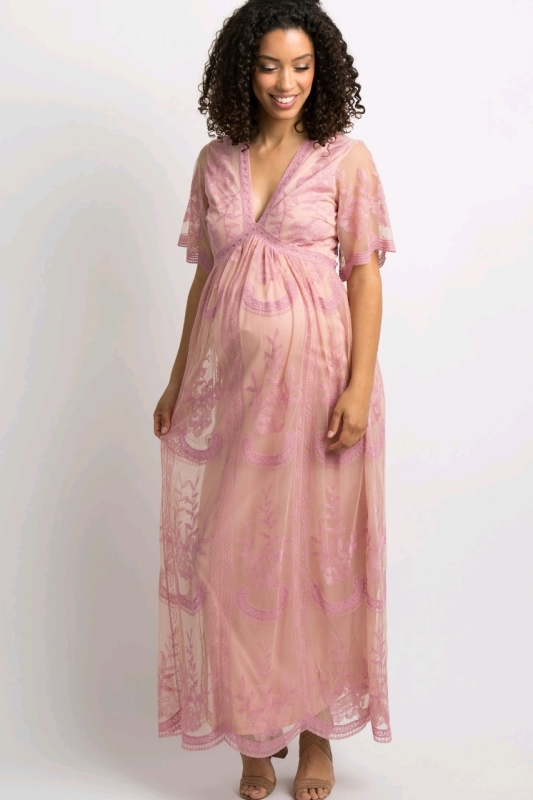 New Pink Blush Mesh Overlay Maxi Maternity Dress - Large