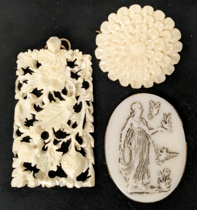 Antique to Vintage | Ivory-Colored Intricate Pendant (1.25" x 2"), Antique Flower Brooch (1.25") & Oval Maiden with Birds Cabochon (1.25" x 1.65")