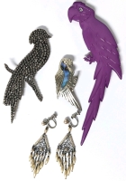 Vintage Creature Couture: Bird of Paradise Brooch, Bunch Dechmann Copenhagen Purple Parrot Brooch , Silver Parrot Stamped Mexico & Faux Pearl Dangly Screwback Earrings