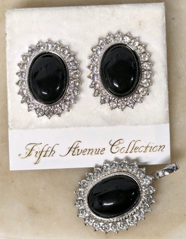 Vintage Signed BUTLER 5th Avenue Collection | Genuine Black Onyx Silver Tone & Clear Stones | Pendant & Clip-On Earrings