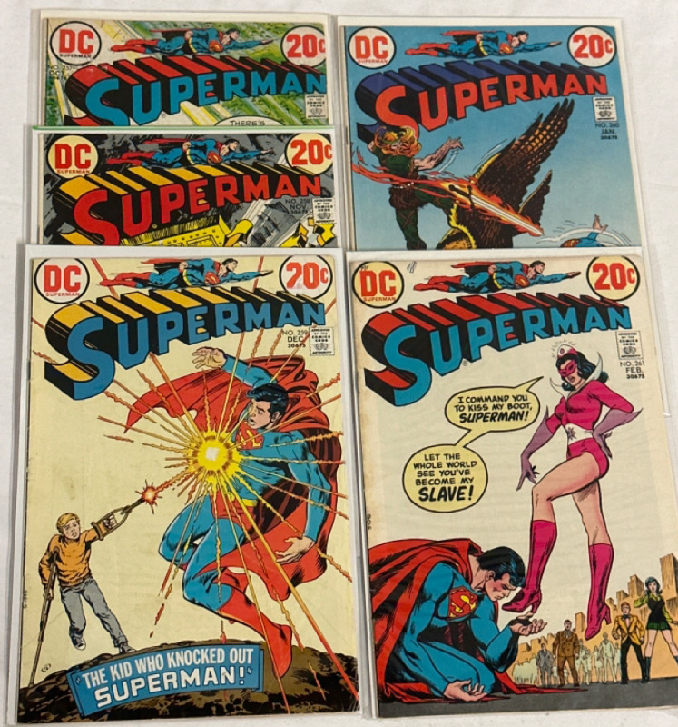 5 Superman DC Comics Issue #257, 258, 259, 260 & 261 Straight Run 1970’s Bronze Age Vintage Bagged and Boarded