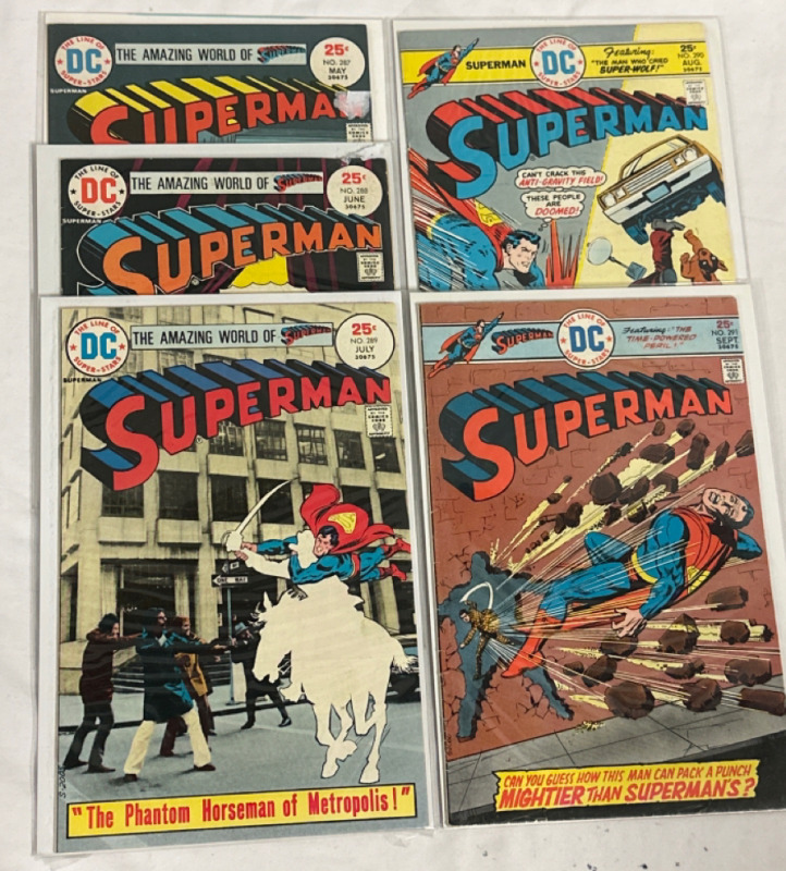 5 Superman DC Comics Issue #287, 288, 289, 290 & 291 Straight Run 1970’s Bronze Age Vintage Bagged and Boarded