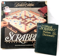 Vintage 1989 SCRABBLE Deluxe Edition w Turntable Base & 1995 Miriam Webster Hardcover 3rd Edition "The Scrabble Players Dictionary"