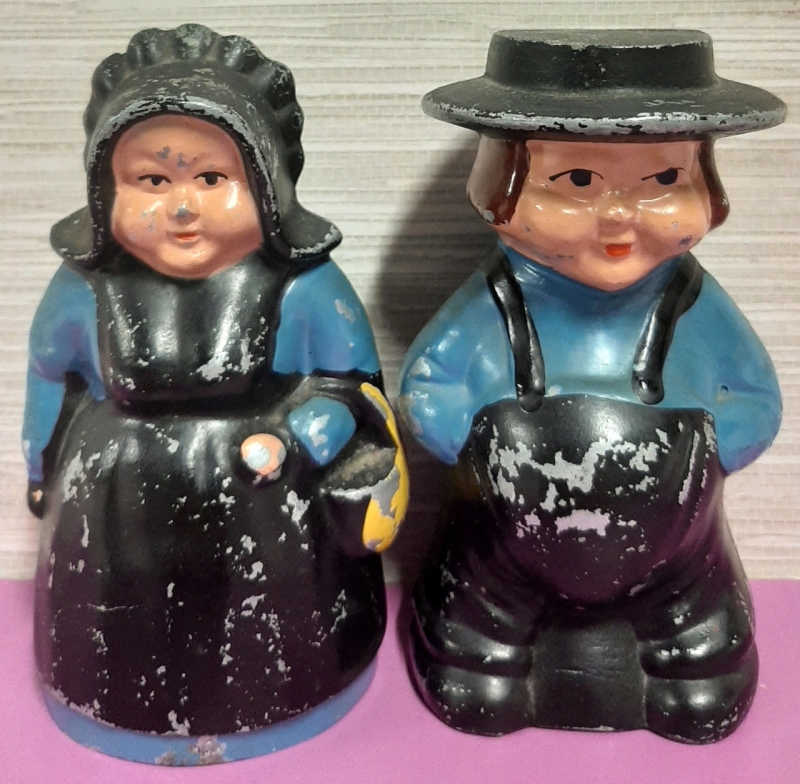 2 Vintage Cast Metal Amish Banks 5.25" Tall