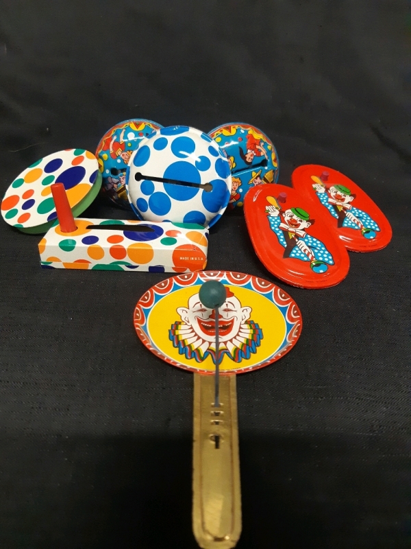 8 Vintage Clown Painted Tin Noise Makers Made In USA In Good Condition from 3" - 7" In Length