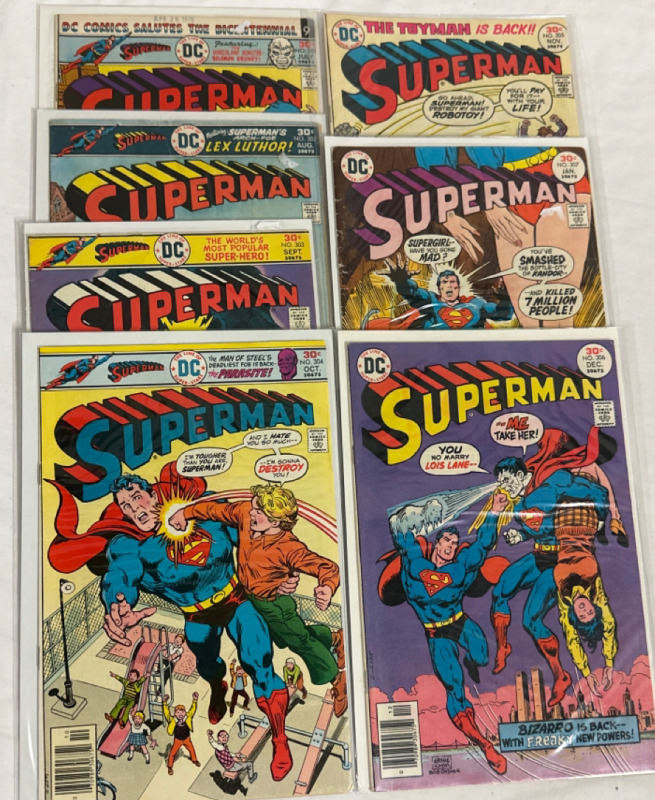 7 Superman DC Comics Issue #301, 302, 303, 304, 305, 306 & 307 Straight Run 1970’s Bronze Age Vintage Bagged and Boarded