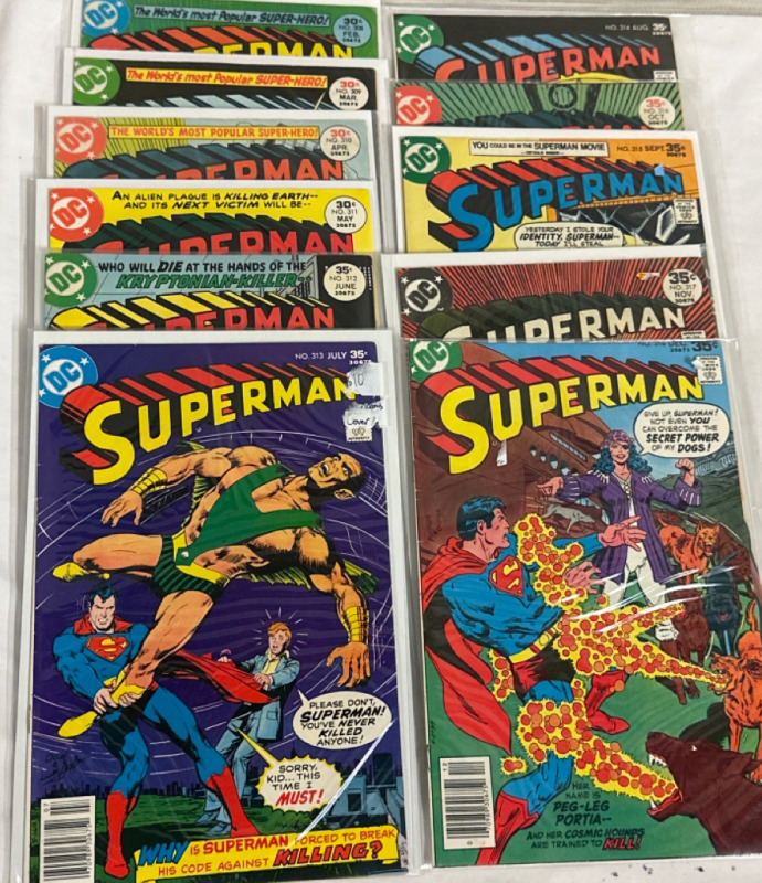 11 Superman DC Comics Issue #308, 309, 310, 311, 312, 313, 314, 315, 317 & 318 1970’s Bronze Age Vintage Mostly Bagged and Boarded