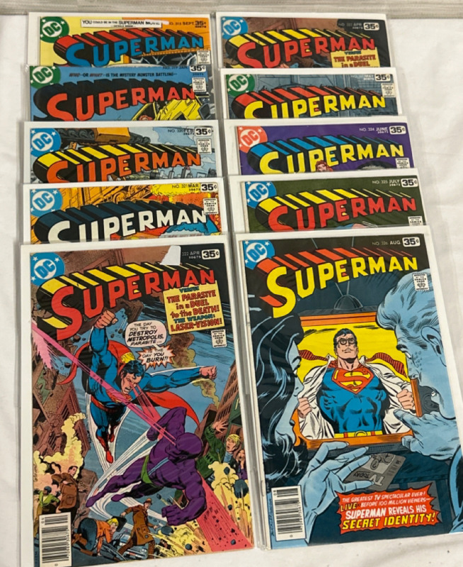 10 Superman DC Comics Issue #315, 319, 320, 321, 322, 322, 323, 324, 325 & 326 Straight Run 1970’s Bronze Age Vintage Bagged and Boarded