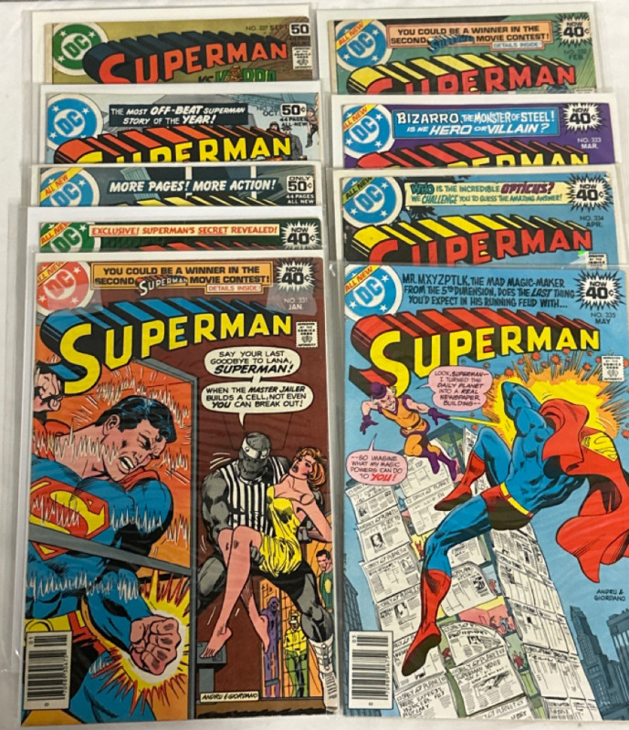 9 Superman DC Comics Issue #327, 328, 329, 330, 331, 332, 333, 334 & 335 Straight Run 1970’s Bronze Age Vintage Bagged and Boarded