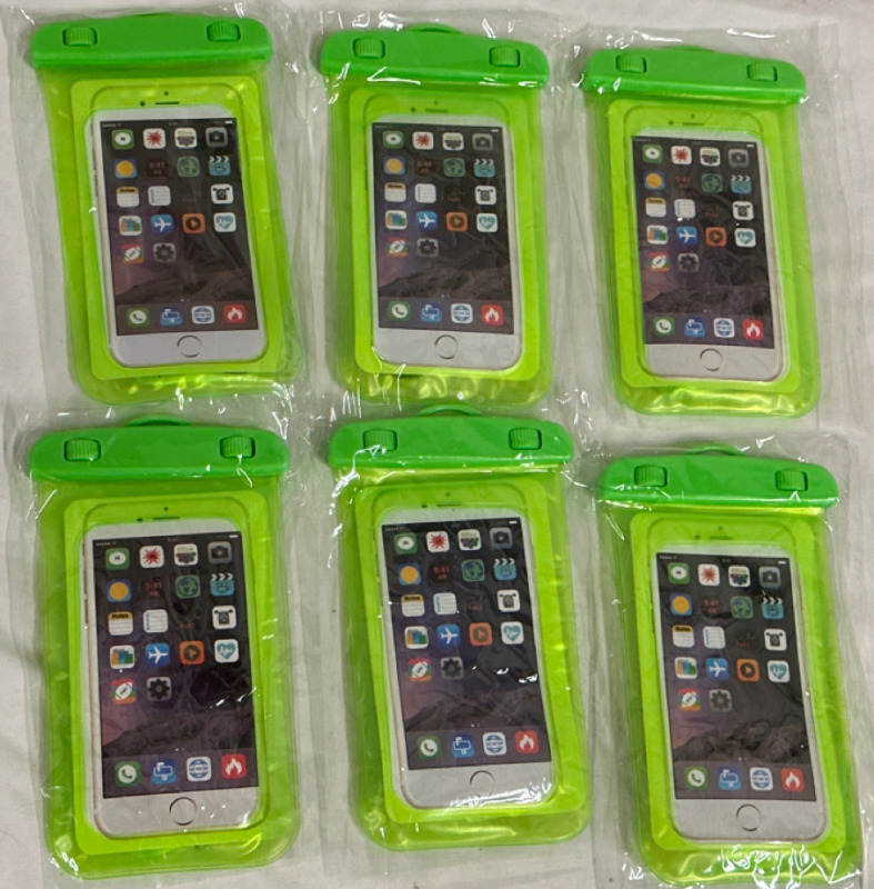 6 New Waterproof Phone bags / Pouches Universal 7” x 4” Bright Green High Visibility