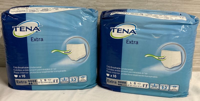 2 New Tena Extra Absorbent Fully Breathable Underwear Size Large 16 Pairs Per Bag